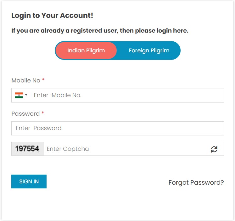 Login interface for Char Dham Yatra Registration 2025